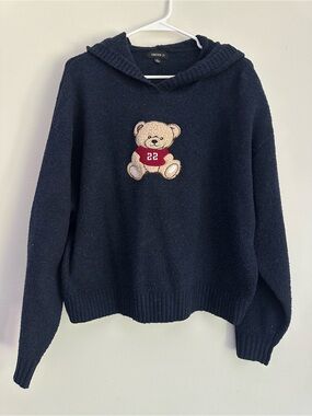 Forever 21 Navy Blue Fuzzy Knit Teddy Bear Hoodie